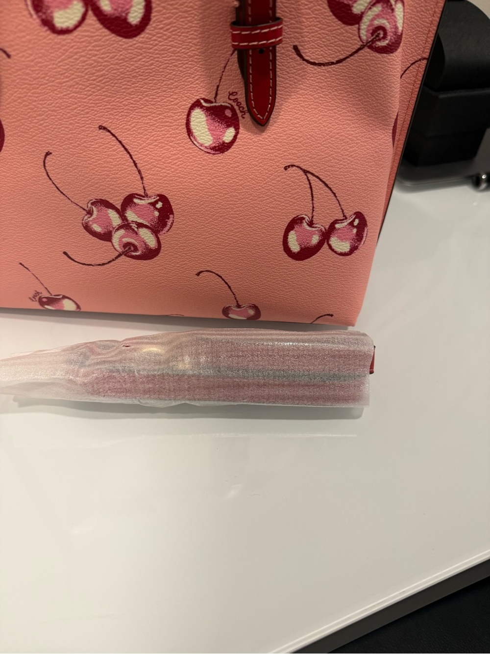 Coach Pink Cherry Print Leather Tote with Red Trim - Picture 4 of 5
